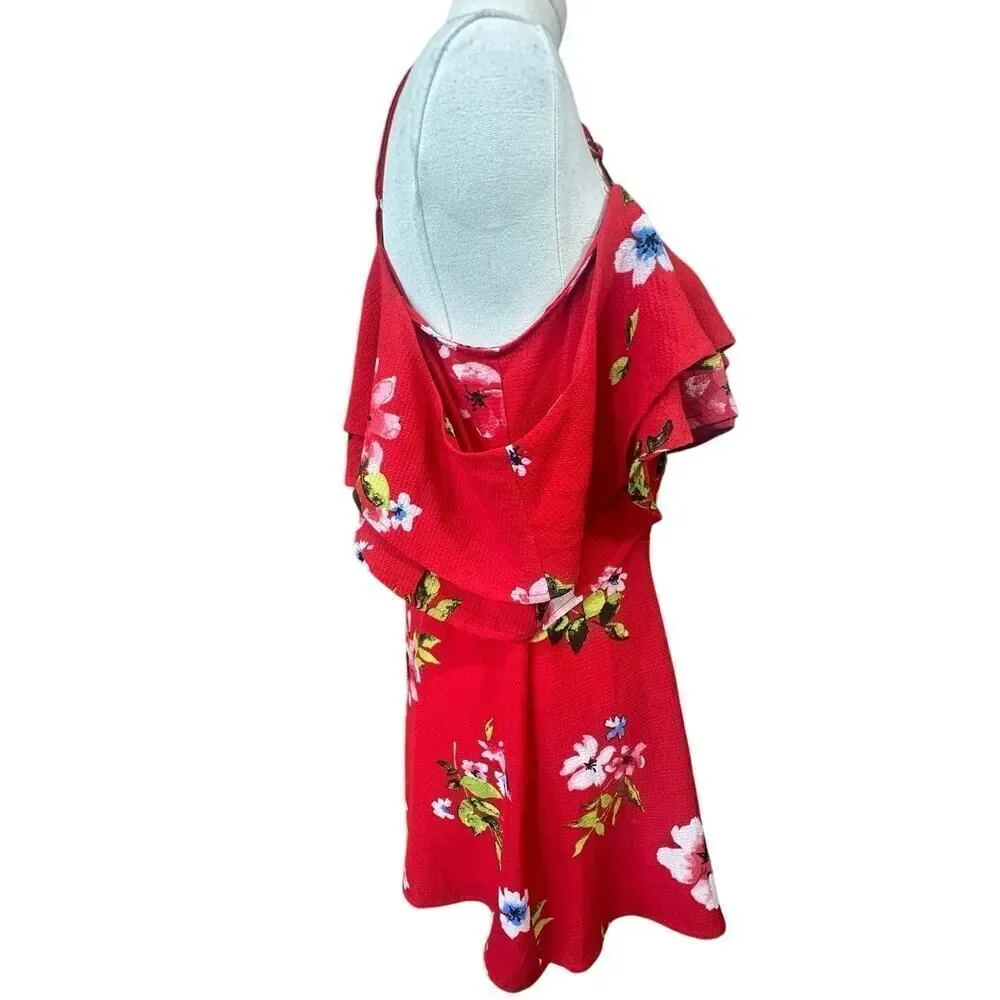 BOHO Summer Beach Tropical Red Floral Cold Shoulder Shorts Jumpsuit Size Medium